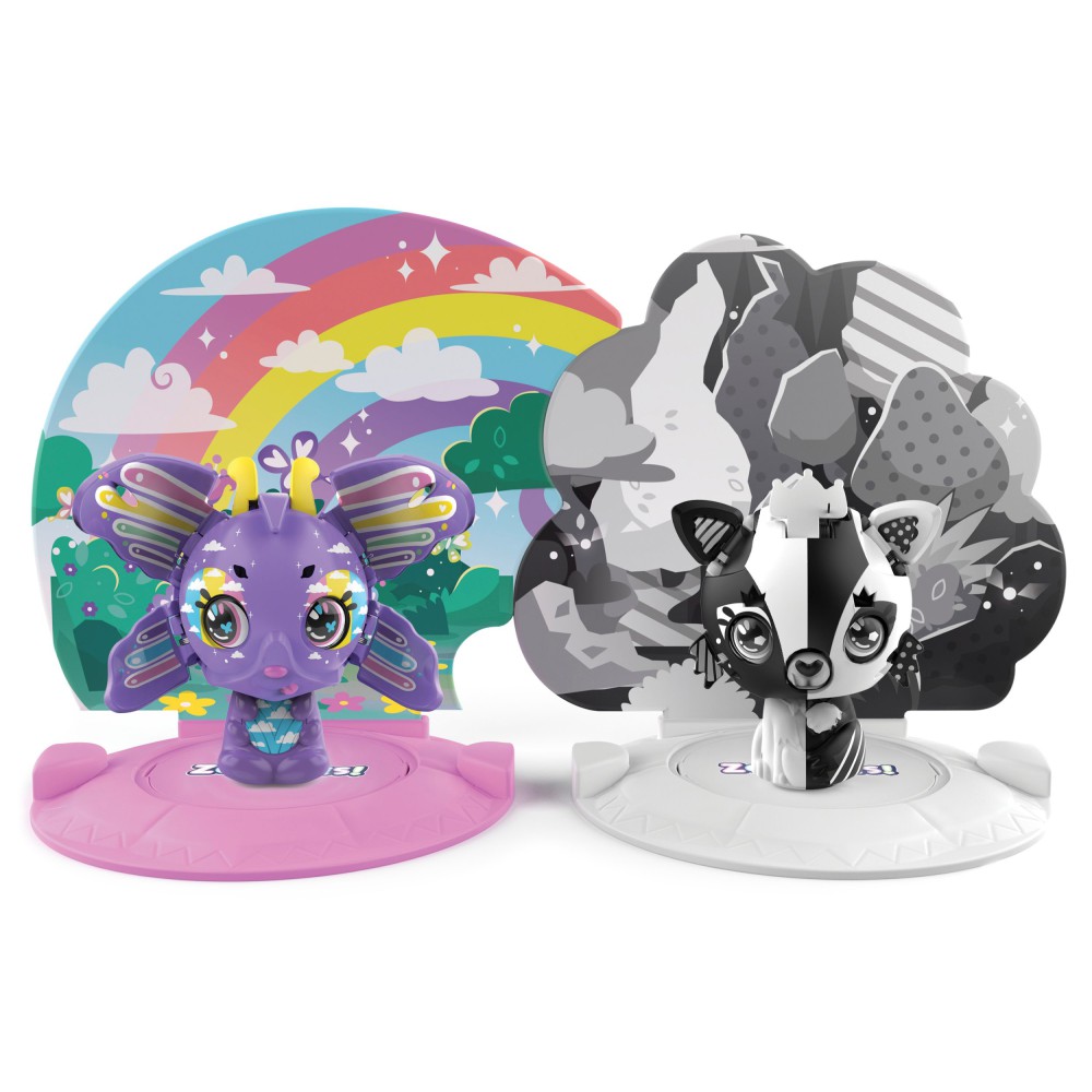 Zoobles - Transformująca Figurka Zwierzątka 2-pak Rainbow Butterfly and Black and White Fox + Akcesoria Happitat 20135095