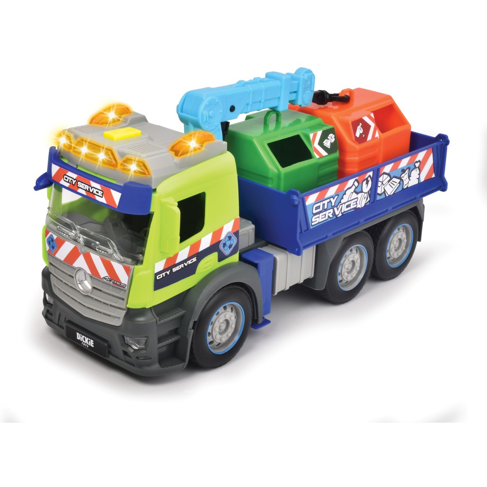 Dickie City - Samochód ciężarowy Mercedes do transportu pojemników do segregacji odpadów ze światłem i dźwiękiem 3745015
