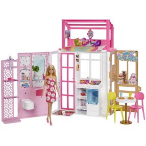 Barbie - Kompaktowy domek dla lalek z wyposażeniem Przenośny + Lalka HCD48