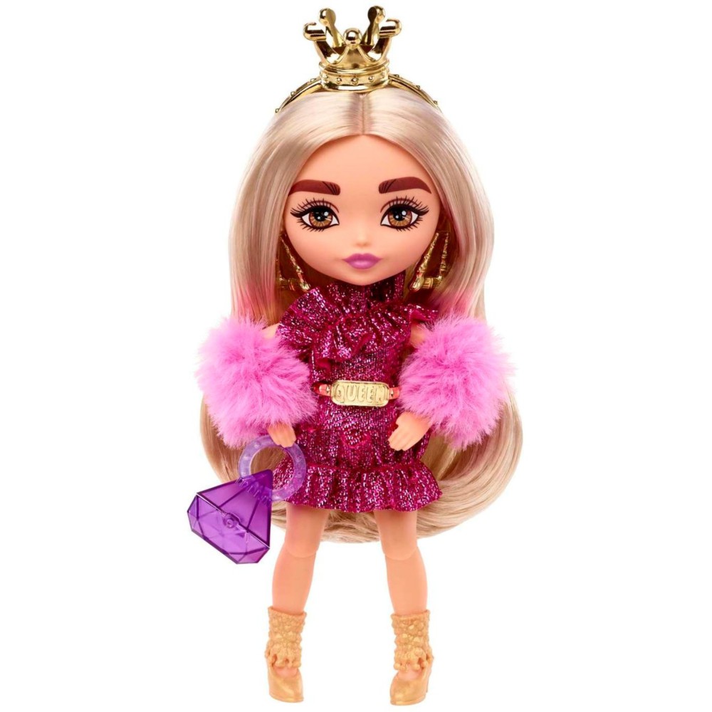 Barbie Extra Minis - Mała modna lalka w różowym ubranku i koronie HJK67