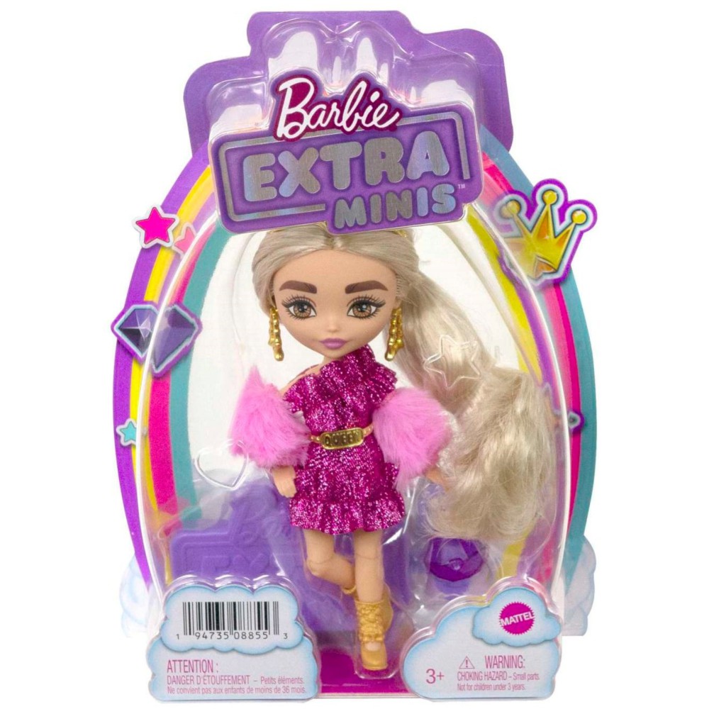 Barbie Extra Minis - Mała modna lalka w różowym ubranku i koronie HJK67