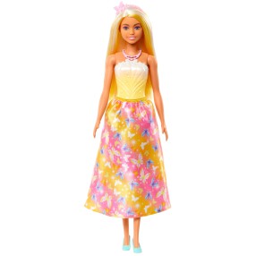 Barbie - Lalka księżniczka w żółto-różowej sukience HRR09
