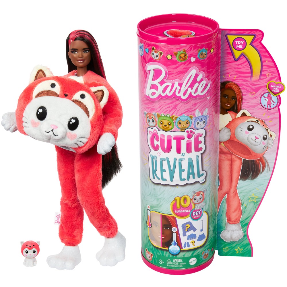 Barbie Cutie Reveal - Lalka Barbie Kotek-Panda Czerwona + zwierzątko HRK23
