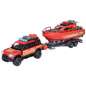 Majorette - Samochód ratowniczy Land Rover z przyczepką i łodzią Światło i dźwięk 33,5 cm 3716001
